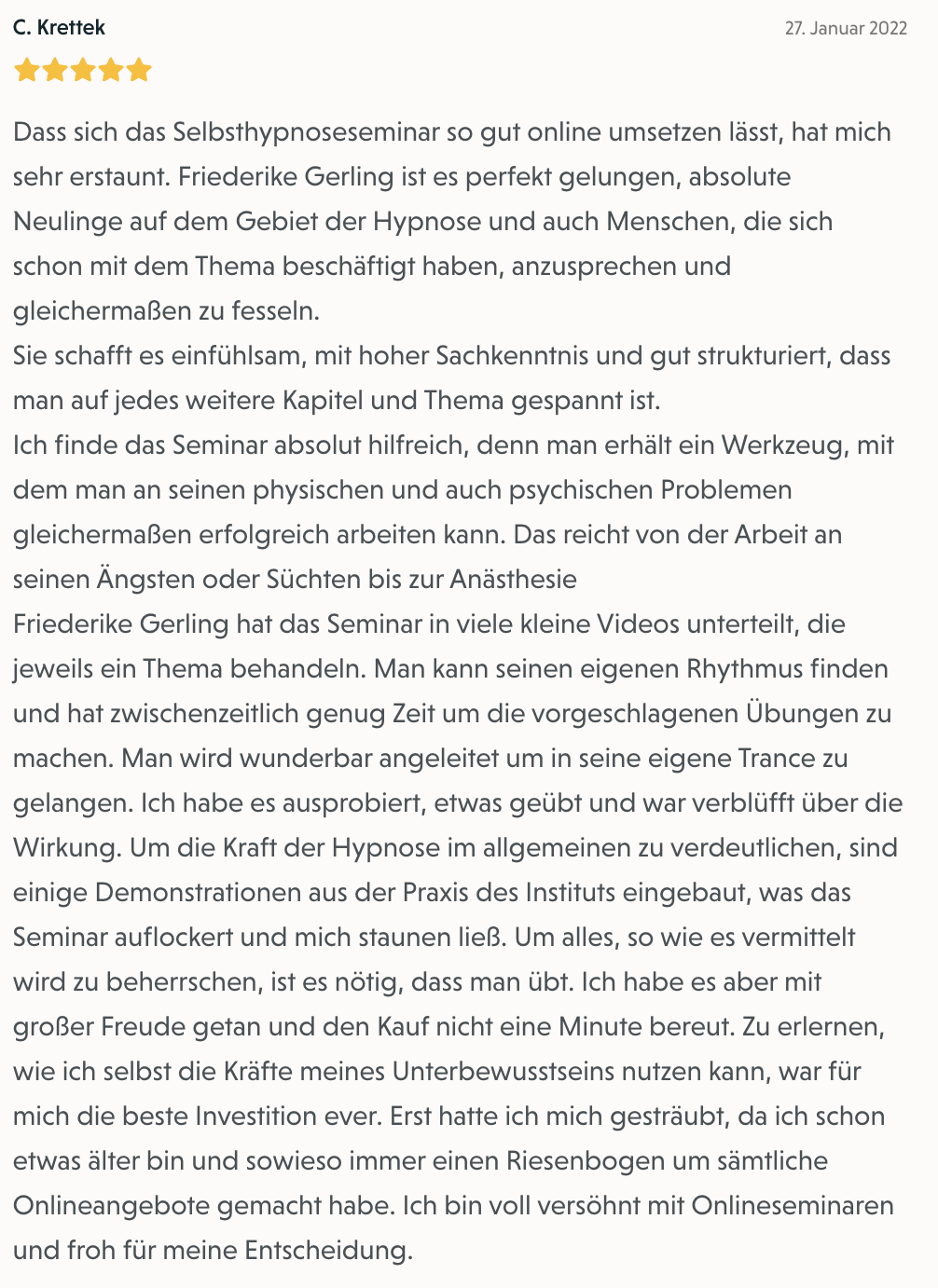 Bewertung von C. Krettek zum Selbsthypnose-Onlinekurs