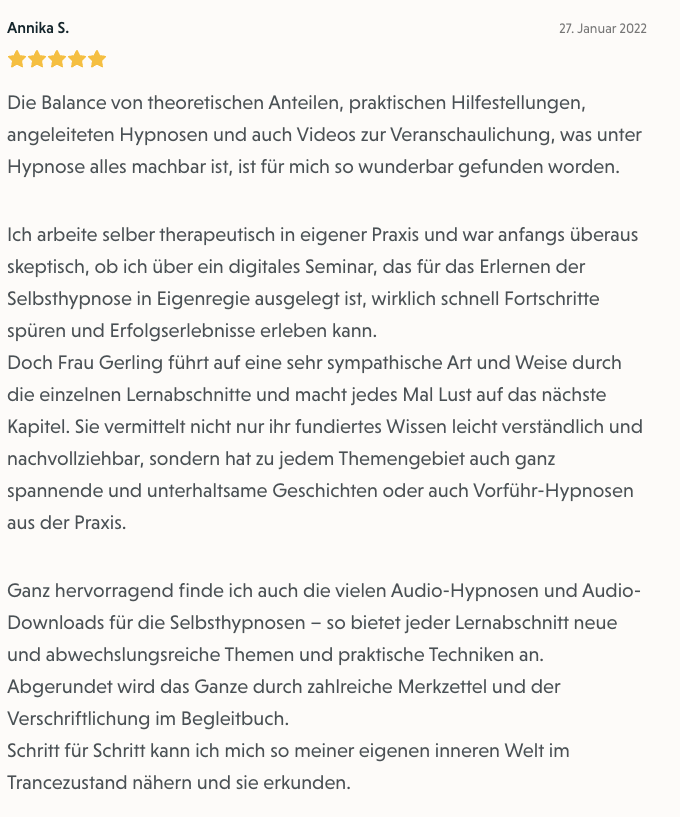 Bewertung von Annika S. zum Selbsthypnose-Onlinekurs