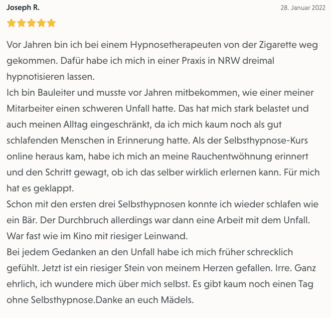 Bewertung von Joseph R. zum Selbsthypnose-Onlinekurs
