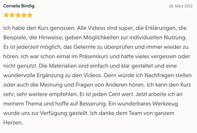Bewertung von Cornelia Bindig zum Selbsthypnose-Onlinekurs