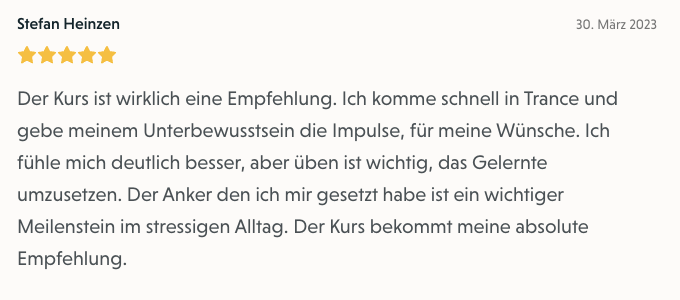 Bewertung von Stefan Heinzen zum Selbsthypnose-Onlinekurs
